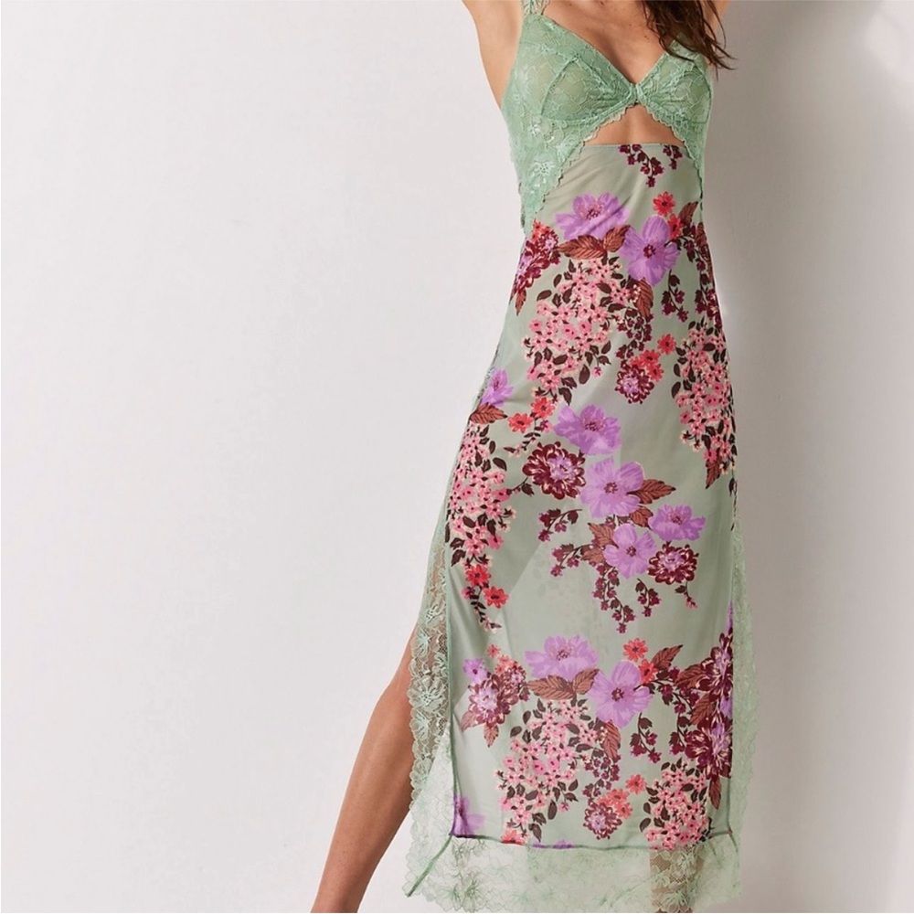 Free People Sage Green Floral Lace Slip Dress